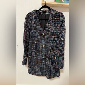 Zara Multicolor Tweed Blazer with Gold Accents